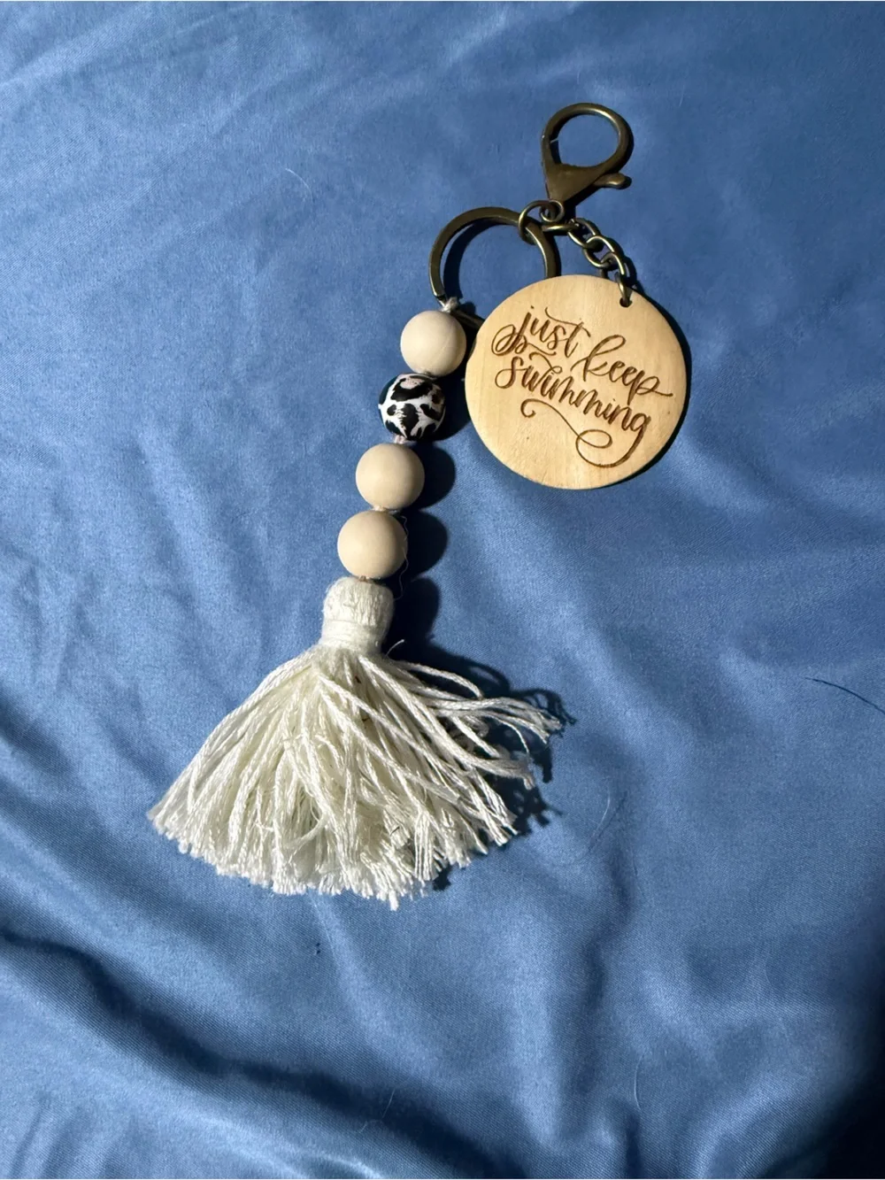 Neutral Tassel Bead Keychain - White Tassel